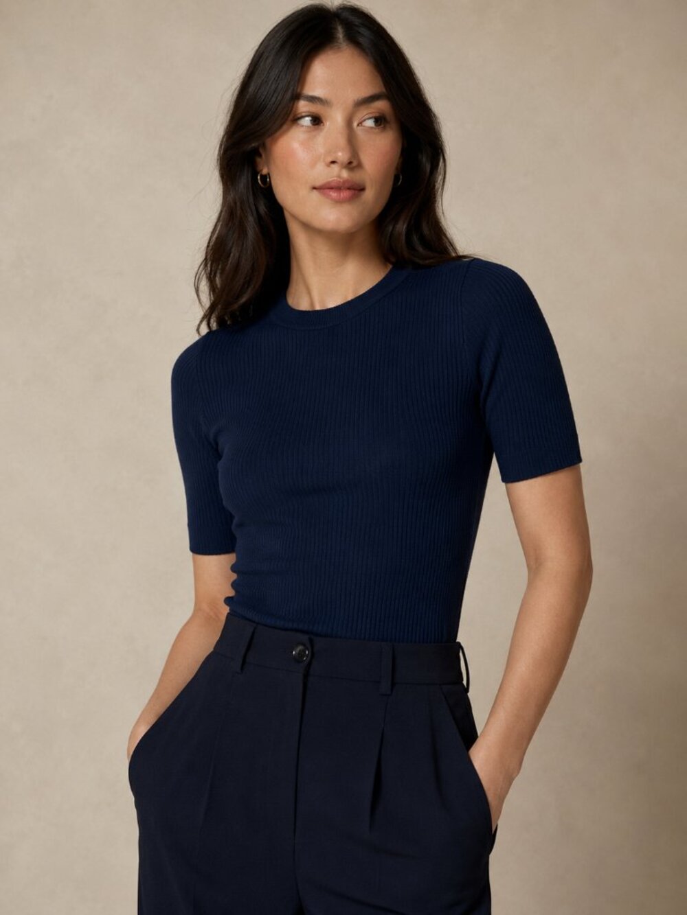 BR Navy finely ribbed short sleeve top size M